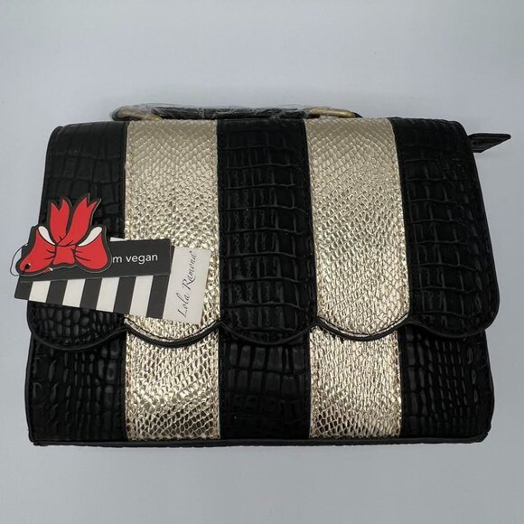 NWT Whimsical scalloped Black shimmer gold vegan purse w handles crossbody strap - Picture 1 of 4